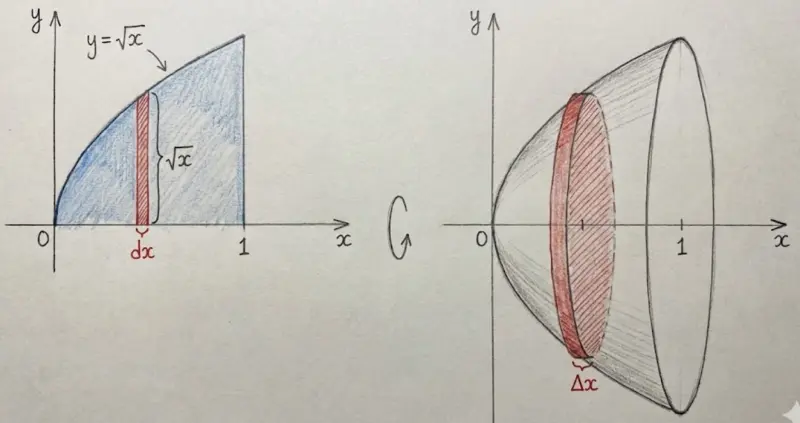 3D visualization of disk method showing a curve $y = f(x)$ rotated around the x-axis, with one disk slice highlighted showing radius $f(x)$ and thickness $dx$ 