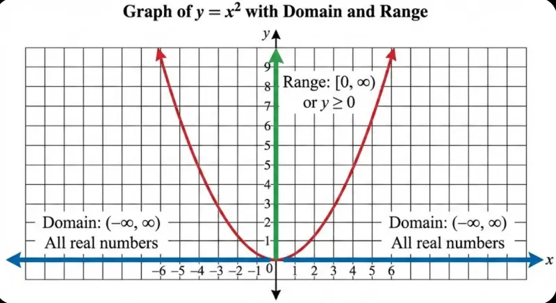 Graph showing a parabola $f(x) = x^2$ with domain and range highlighted 