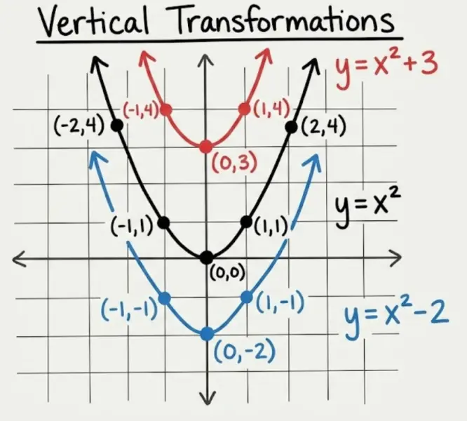 Graph showing $f(x) = x^2$, $f(x) = x^2 + 3$, and $f(x) = x^2 - 2$ 