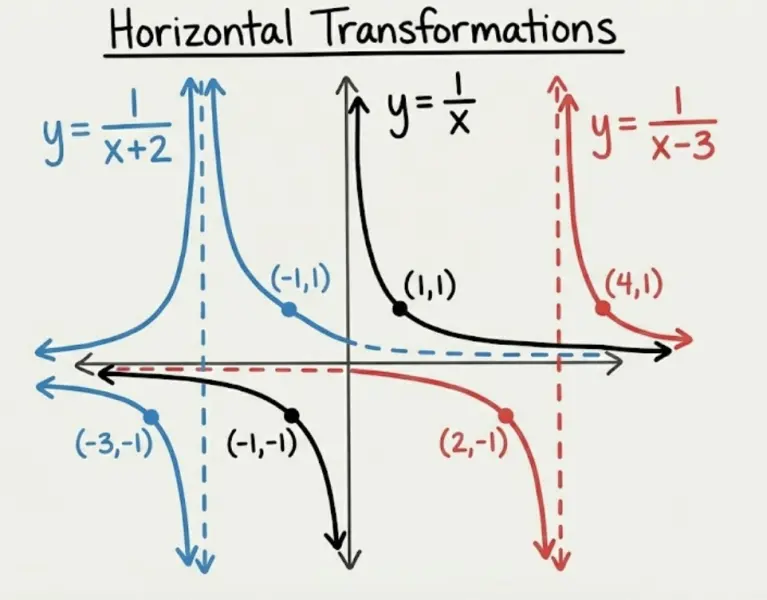 Graph showing $f(x) = \frac{1}{x}$, $f(x) = \frac{1}{x+2}$, and $f(x) = \frac{1}{x-3}$ 