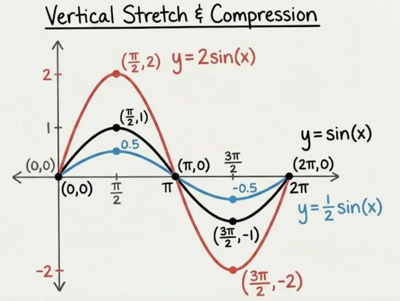 Graph showing $f(x) = \sin(x)$, $f(x) = 2\sin(x)$, and $f(x) = \frac{1}{2}\sin(x)$ 