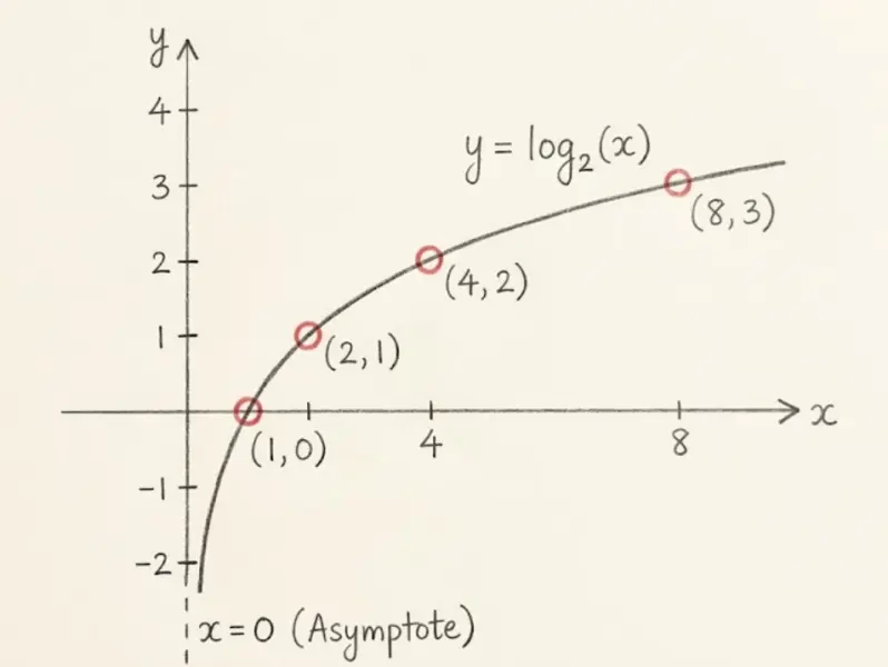  Graph of $f(x) = \log_2(x)$ showing the characteristic logarithmic curve with vertical asymptote at $x = 0$ 