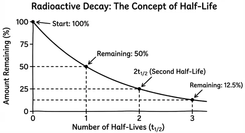 Graph showing exponential decay with half-life marked — starting at 100, showing 50 at $t_{1/2}$, 25 at $2t_{1/2}$, 12.5 at $3t_{1/2}$ 