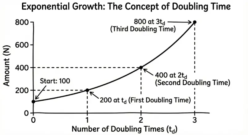Graph showing exponential growth with doubling time marked — starting at 100, showing 200 at $t_d$, 400 at $2t_d$, 800 at $3t_d$ 